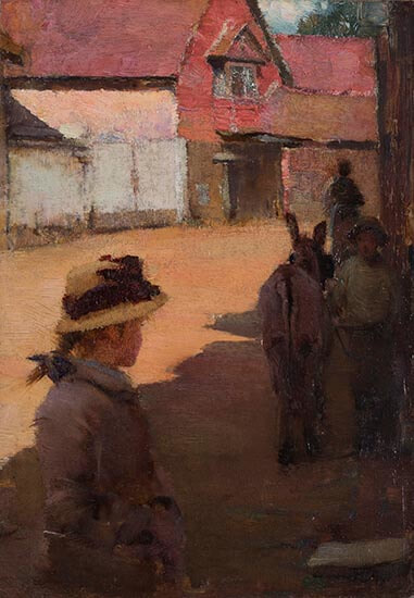 Walter Osborne oil painting of a young girl in a village. Click on this image to view our current exhibition.